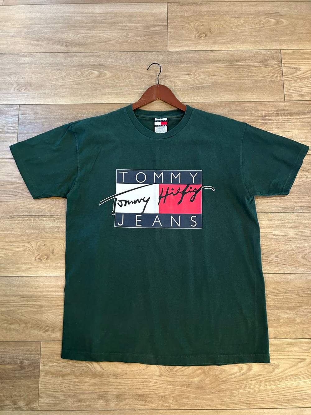 Vintage Tommy Jeans Logo T Shirt Green 100% Cotton Y2K 90s Men’s Large